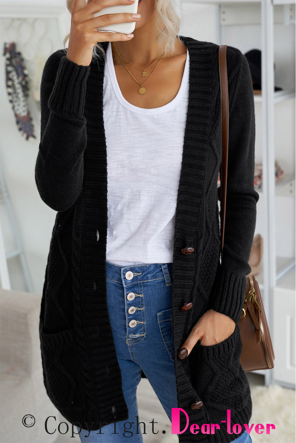 Front Pocket And Buttons Closure Cardigan | Black