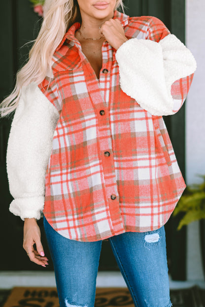 Fiery  Sherpa Sleeve Plaid Print Shacket | Red