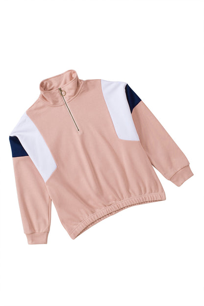 Colour Block Patch Bicep Quarter Zip Sweatshirt | Pink