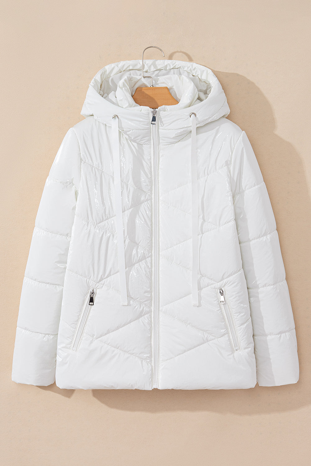 Solid Quilted Hooded Zip Up Puffer Coat | White