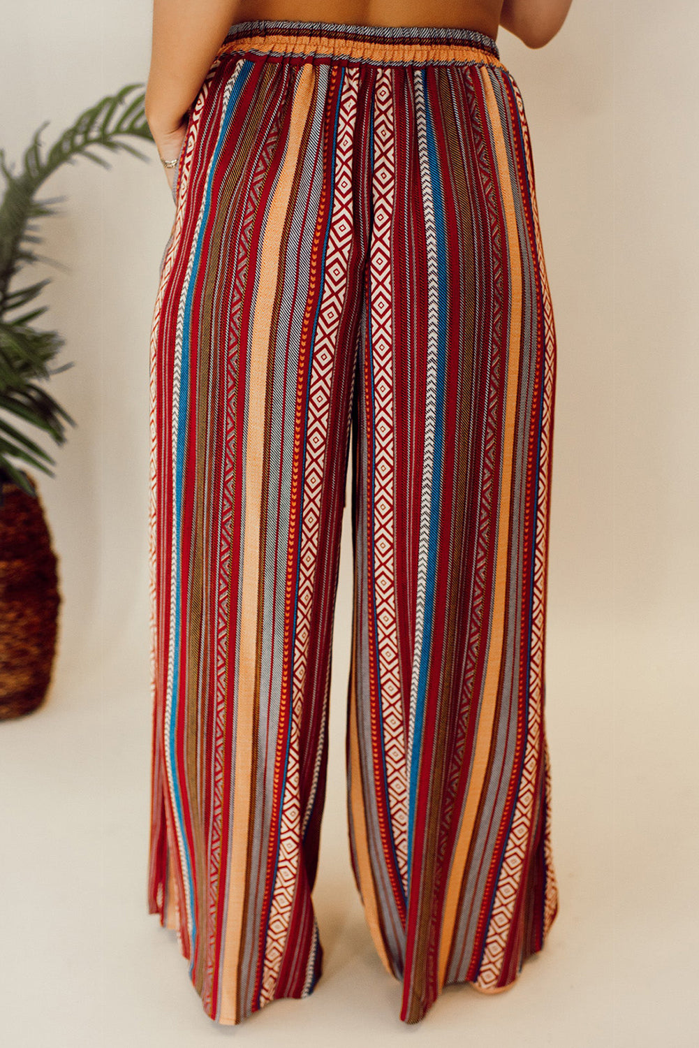 Boho Ethnic Striped Print Tie Waist Wide Leg Pants | Red