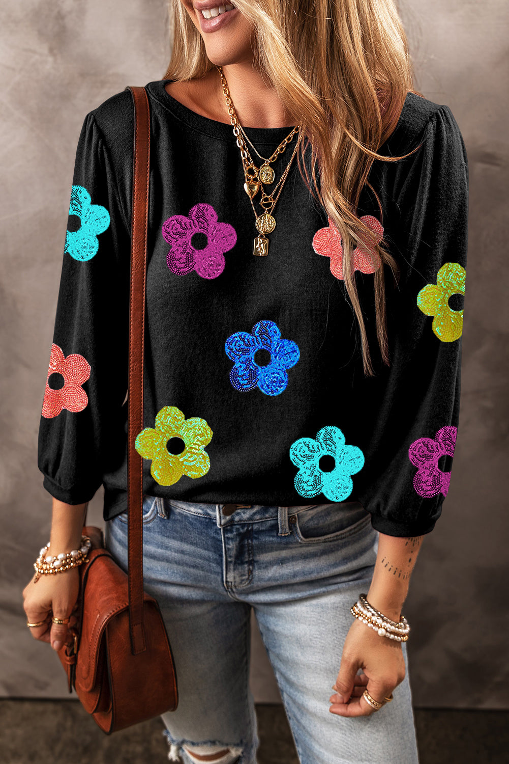 Sequin Flower Bracelet Sleeve Crew Neck Top | Black