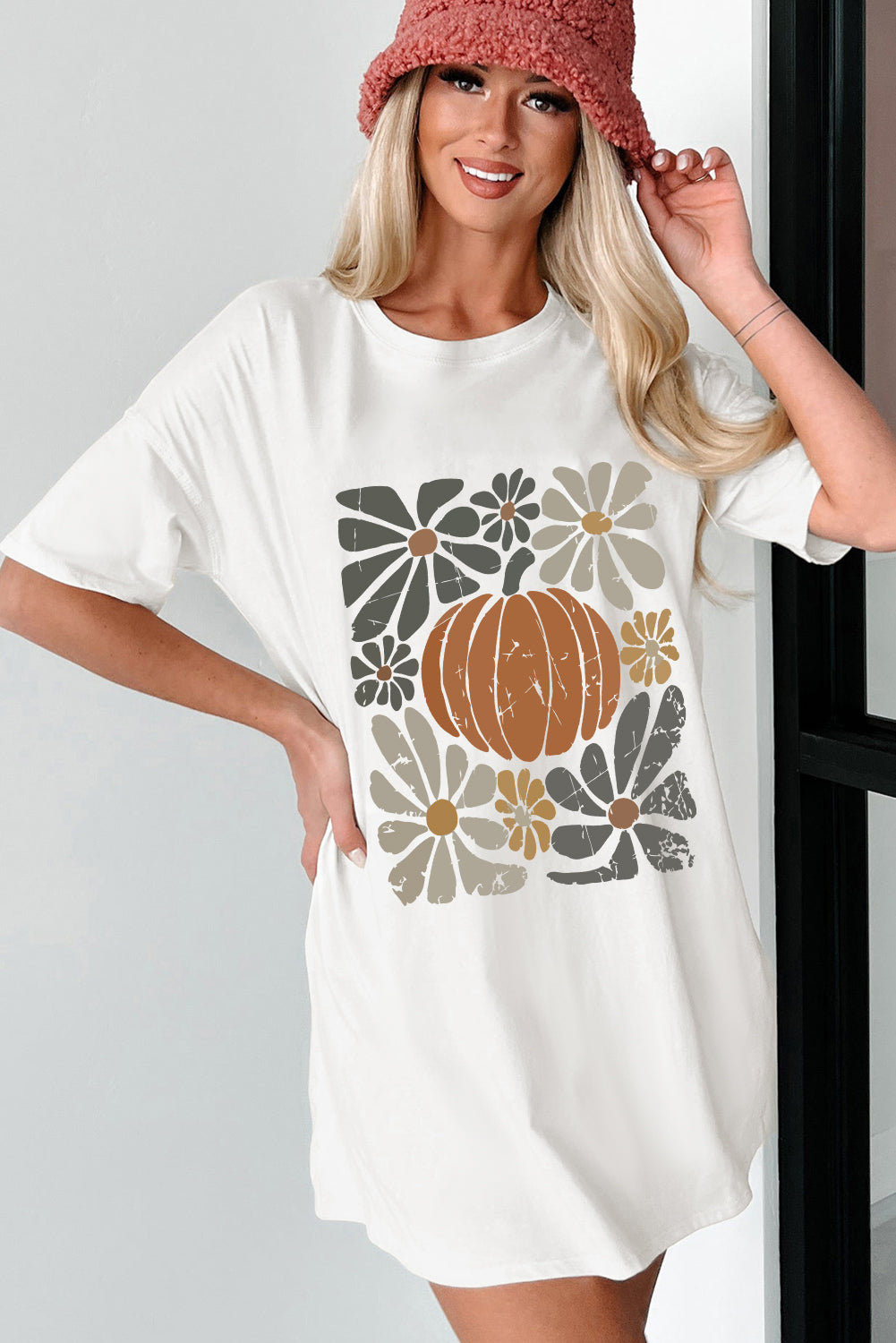 Thanksgiving Pumpkin Print Loose Crewneck Tunic T Shirt | White