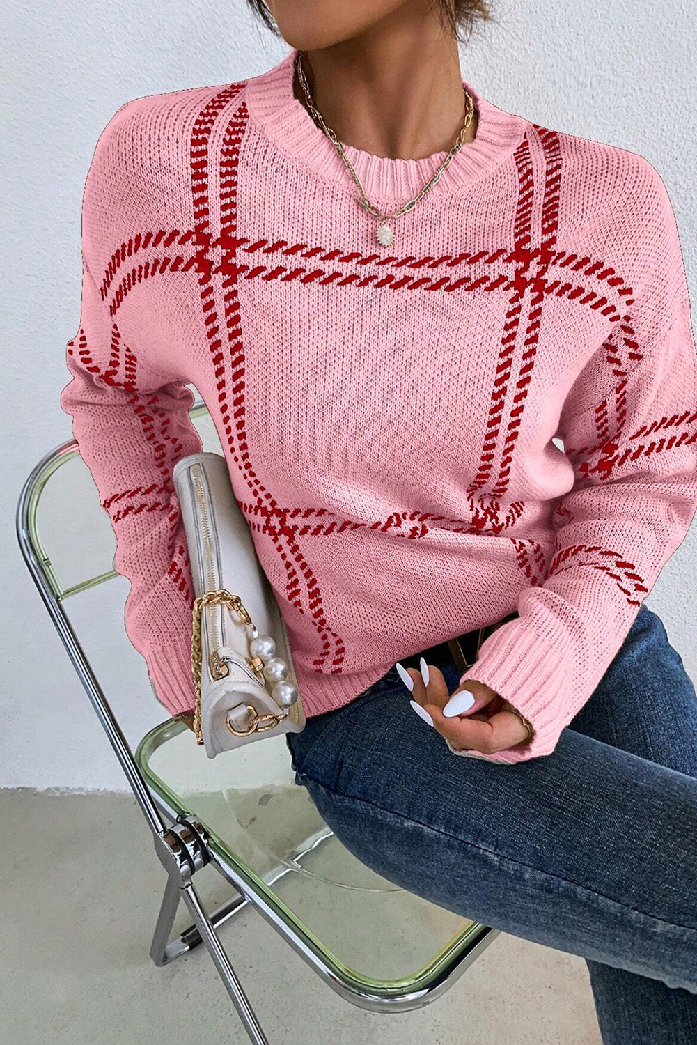 Plaid Pattern Knitted Drop Shoulder Sweater | Pink