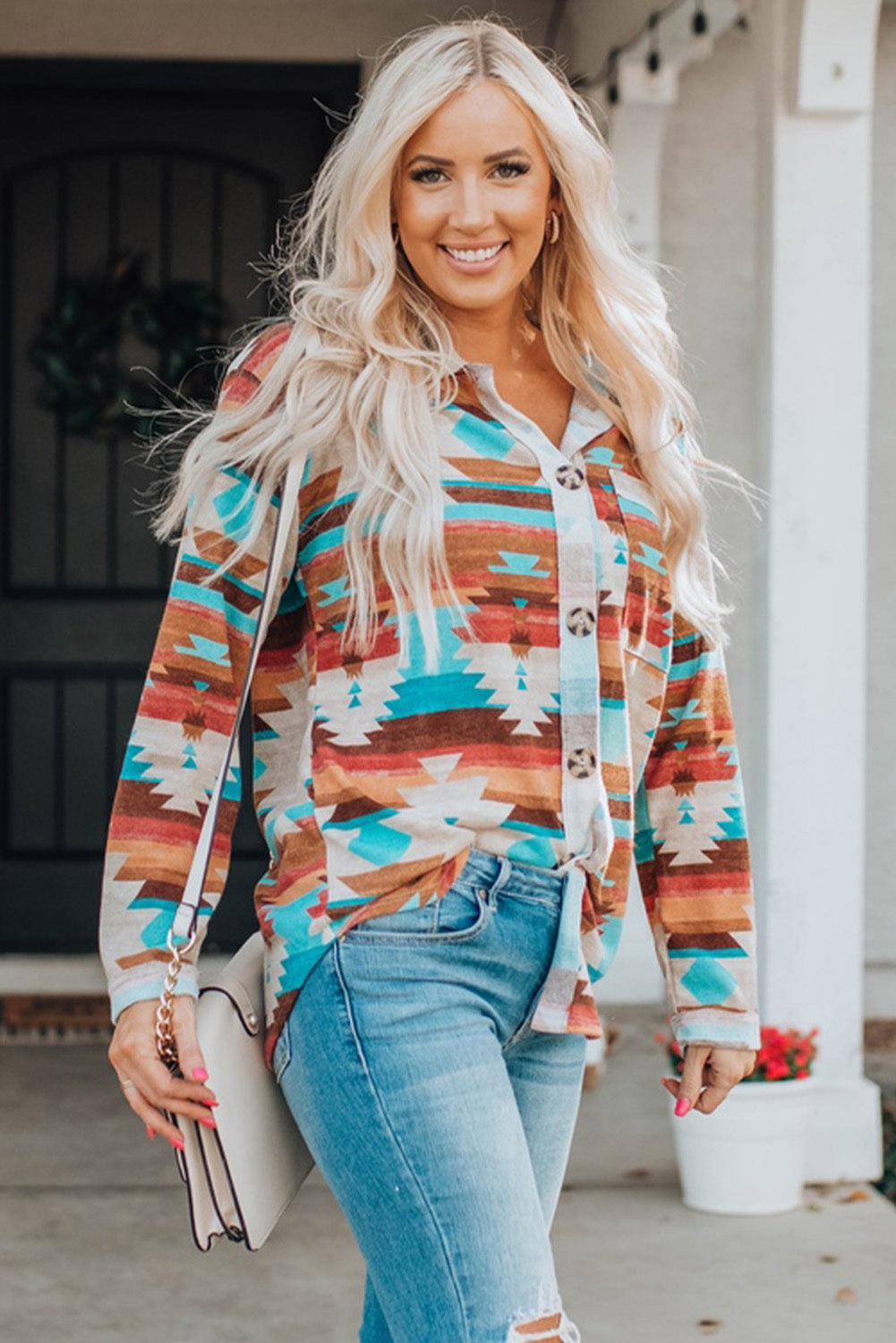 Aztec Print Buttoned Pocket Chest Long Sleeve Shirt | Multicolour