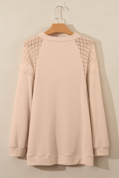 Plus Size Lace Patchwork Buttons Waffle Knit Top | Beige