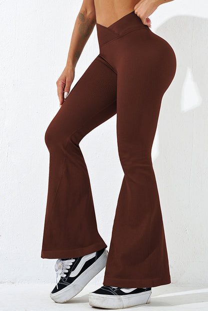 Coffee Ribbed Cross Waistband Butt Lift Yoga Flared Leggings