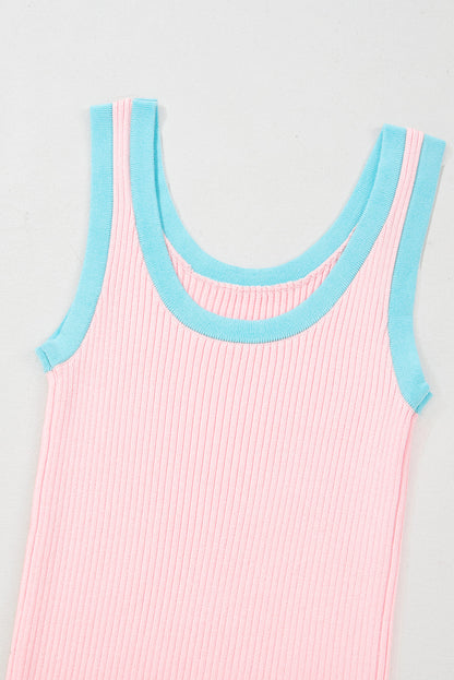 Colourblock Edge Ribbed Knit U Neck Tank Top | Pink