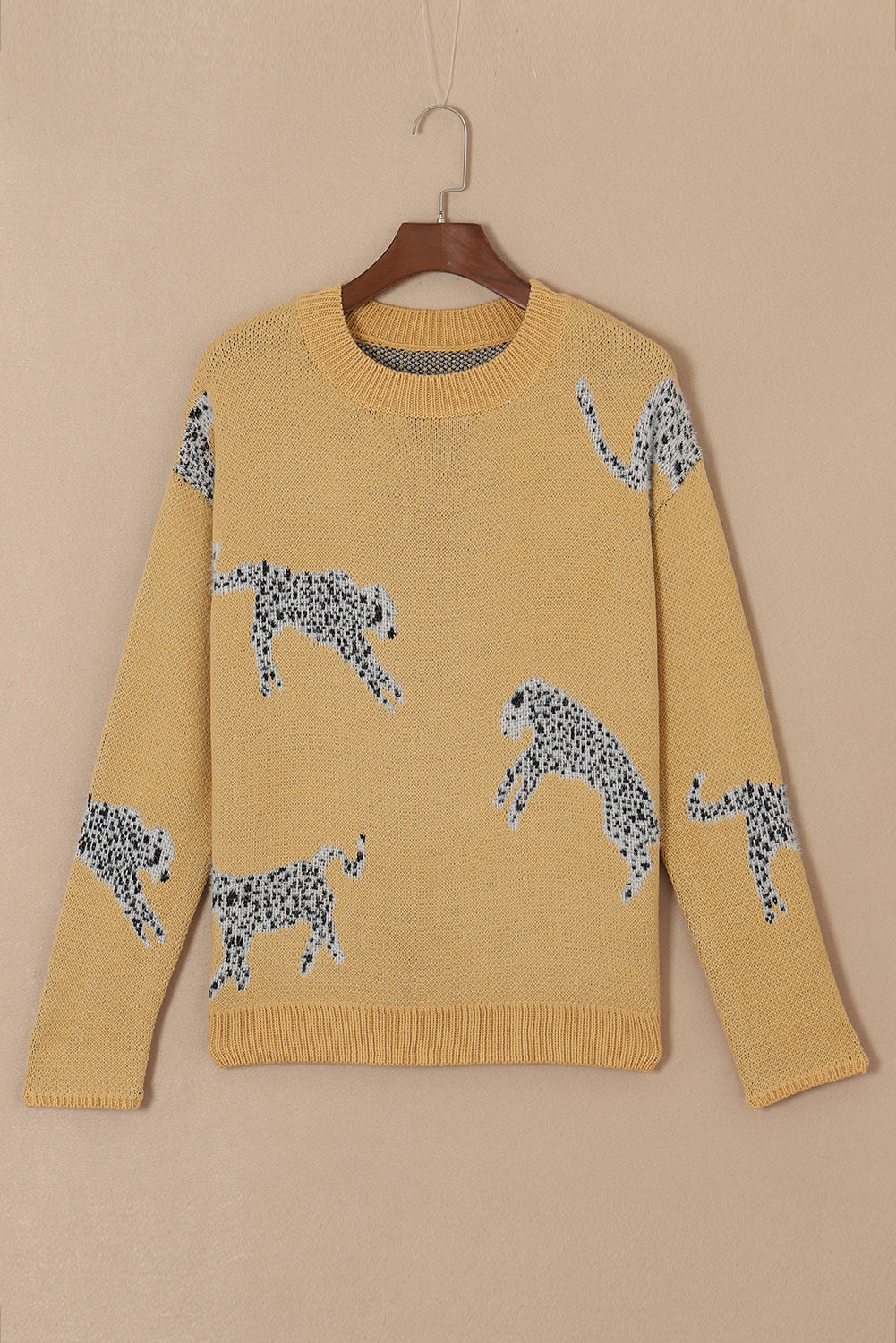 Fuzzy Cheetah Accent Round Neck Sweater | Camel