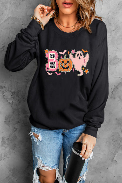 Boo Pumpkin Ghost Print Crew Neck Halloween Sweatshirt | Black