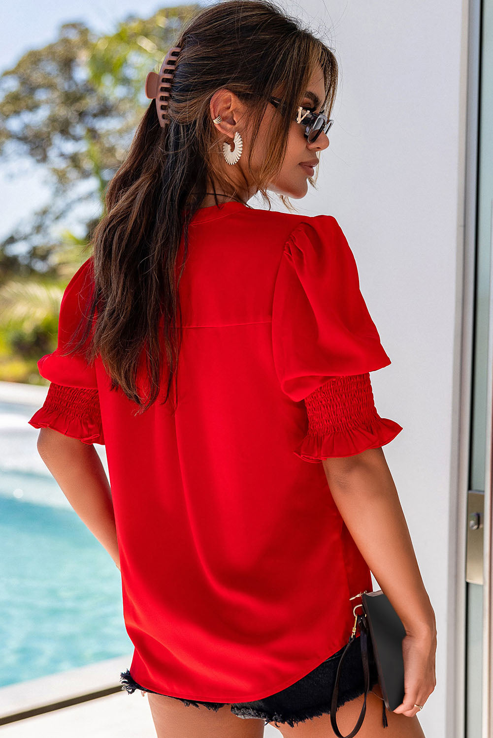 Fiery  Solid Colour Half Sleeve V Neck Blouse | Red