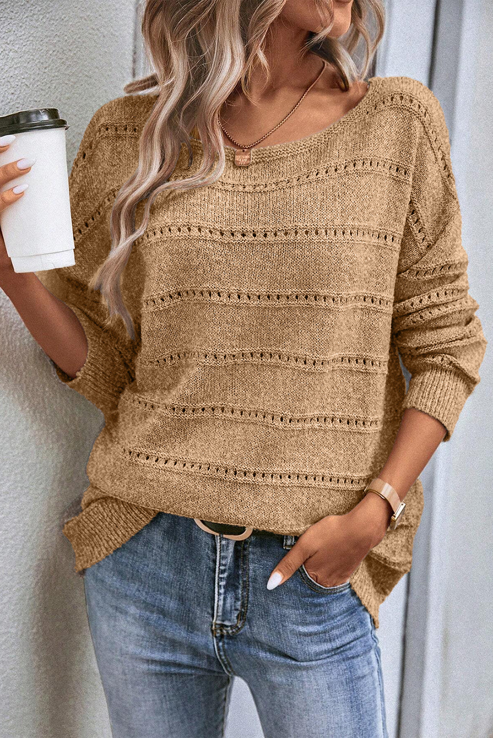 Boat Neck Drop Shoulder Pointelle Knit Sweater | Pale Khaki