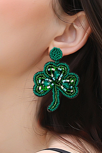 St Patrick Shamrock Rice Beaded Stud Earrings | Blackish Green