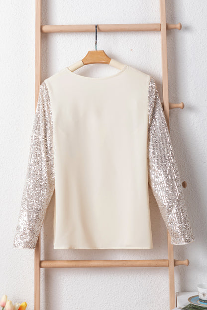 Sequined Sleeves Patchwork V Neck Blouse | White