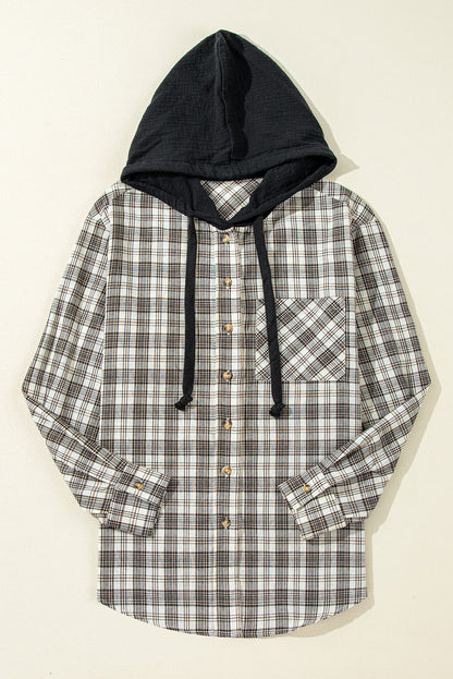 Checkered Print Loose Fit Buttoned Hooded Shacket | Black