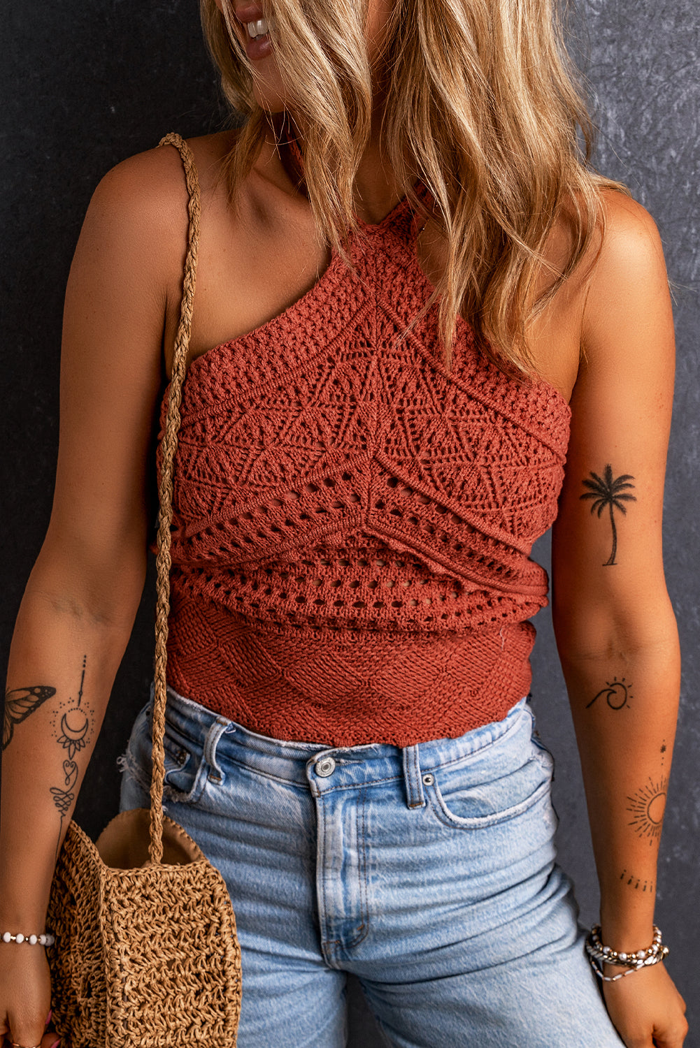 Knit Crochet Halter Neck Backless Tank Top | Red Clay