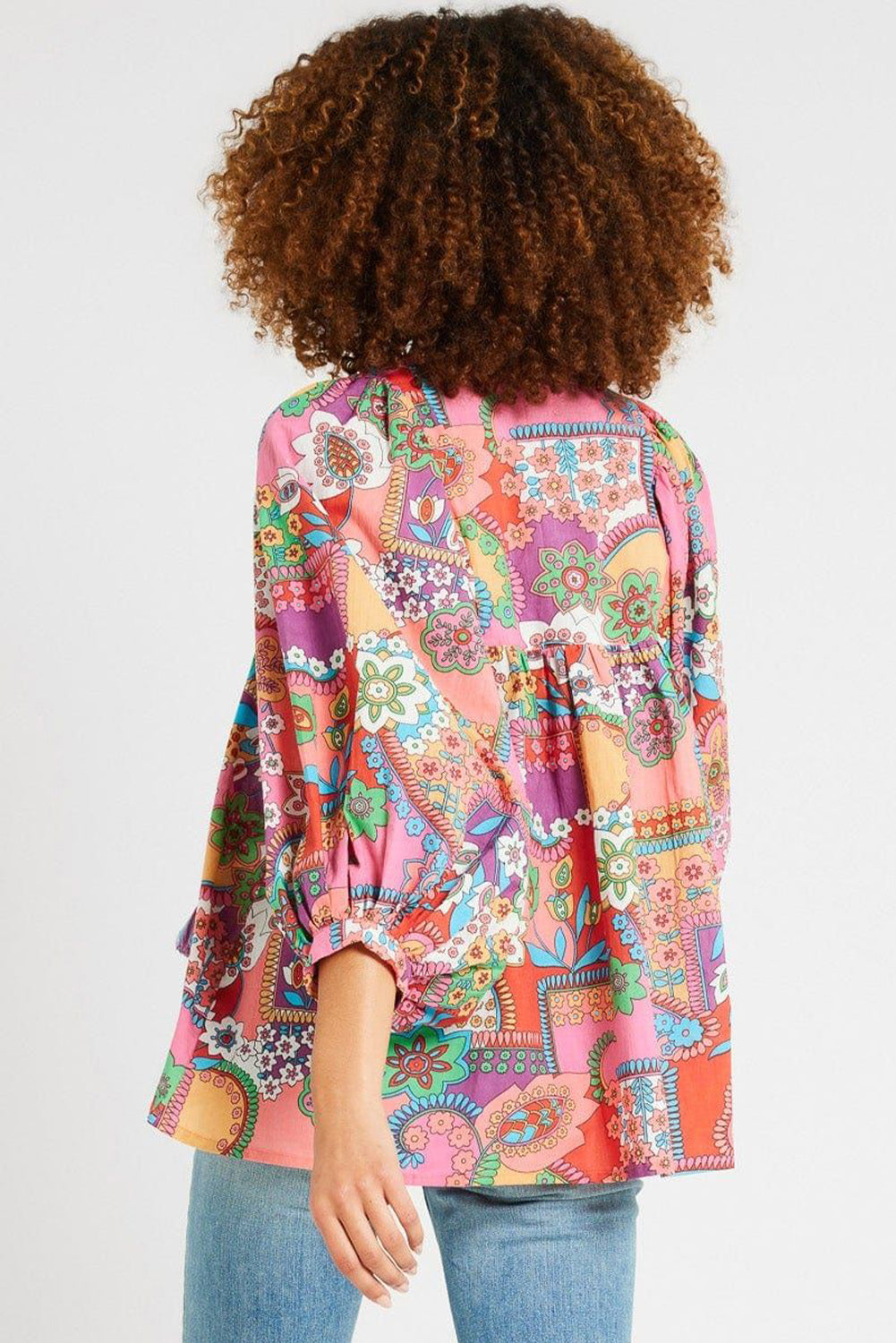 Boho Floral Bubble Sleeve Tassel Tied Neck Pleated Blouse | Multicolour