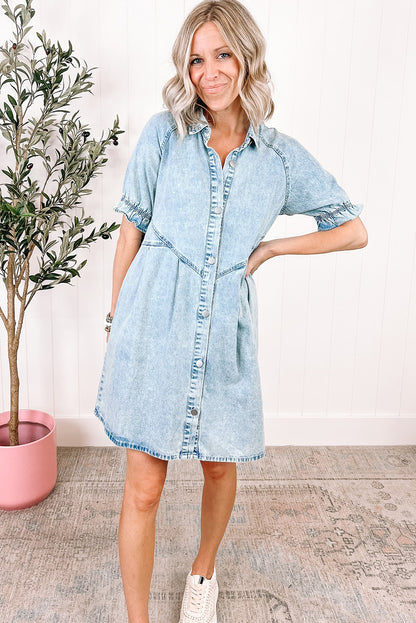 Mineral Wash Ruffled Short Sleeve Buttoned Denim Dress | Beau Blue