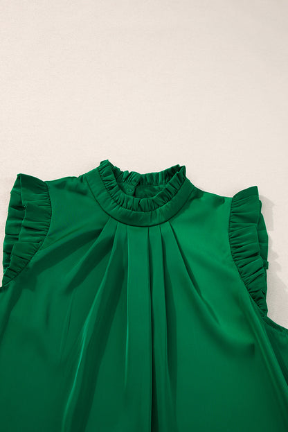 Pleated Mock Neck Frilled Trim Sleeveless Top | Bright Green