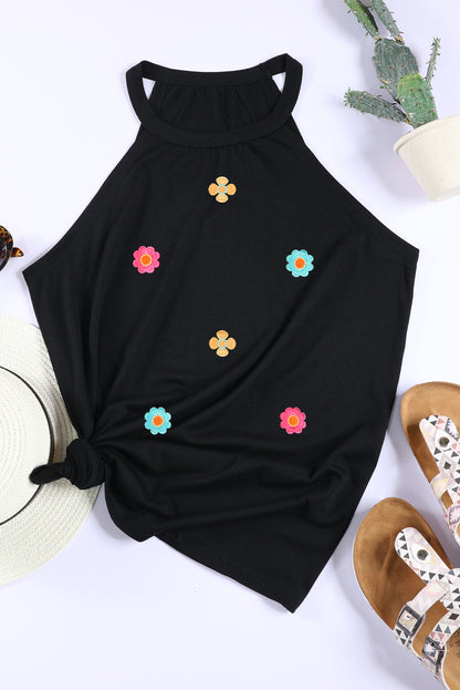 Sweet Floral Embroidery Casual Tank Top | Black