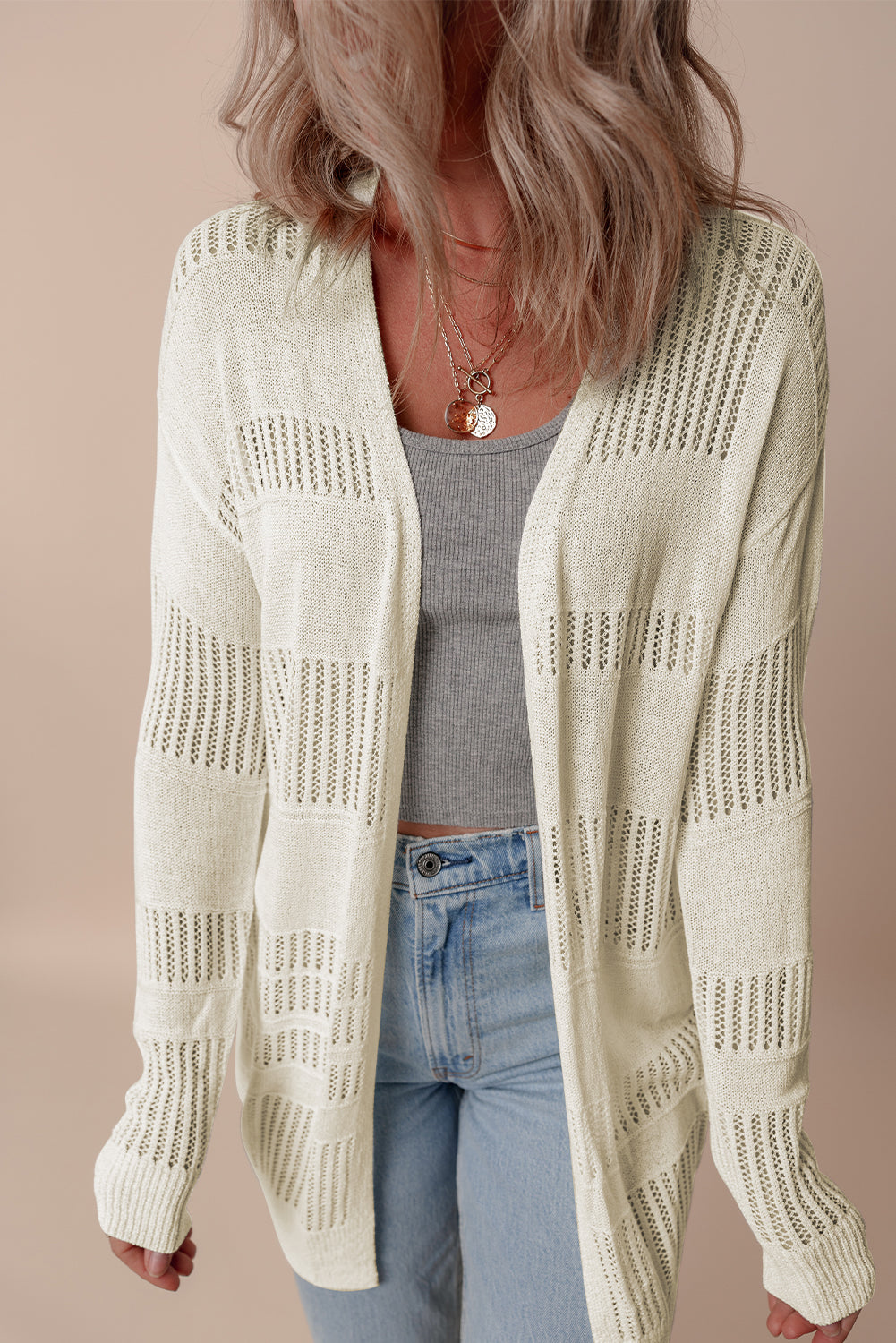 White Solid Color Lightweight Open Knit Tunic Cardigan