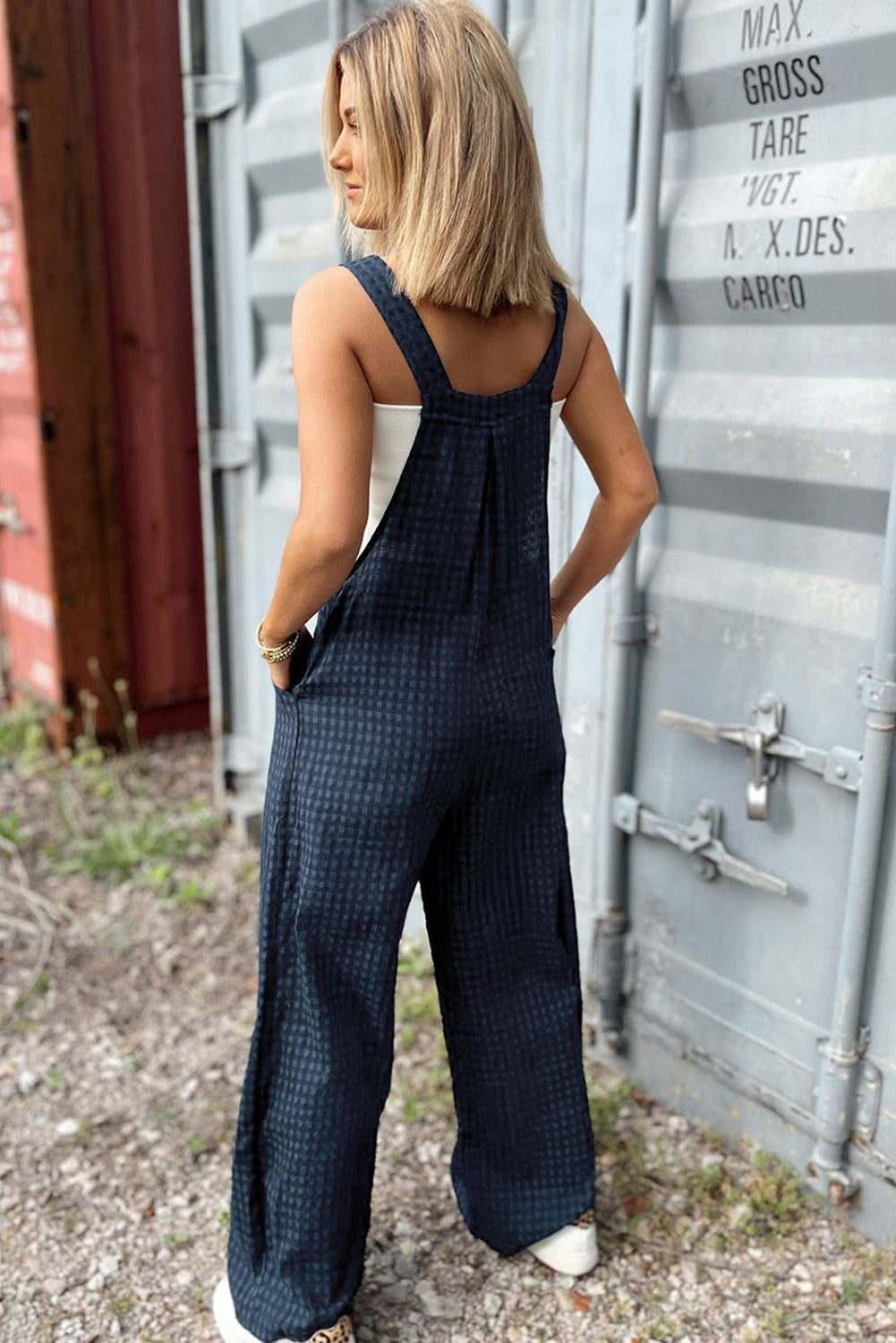 Plaid Print Buttoned Pocketed High Waist Overall | Sail Blue