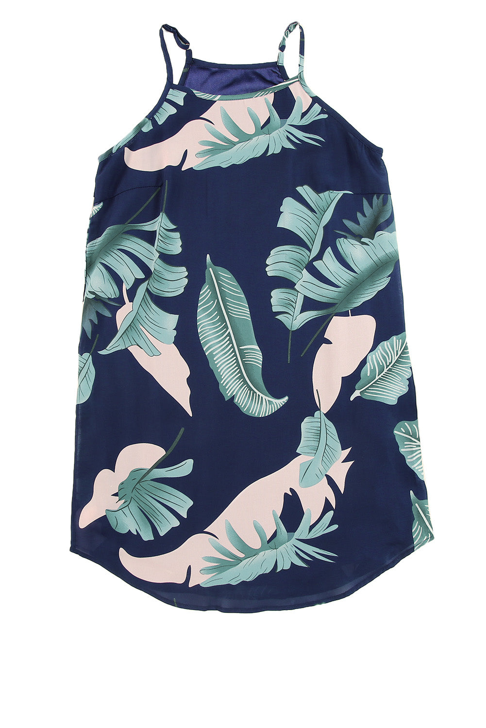 Palm Tree Leaf Print Navy Sleeveless Dress | as shown