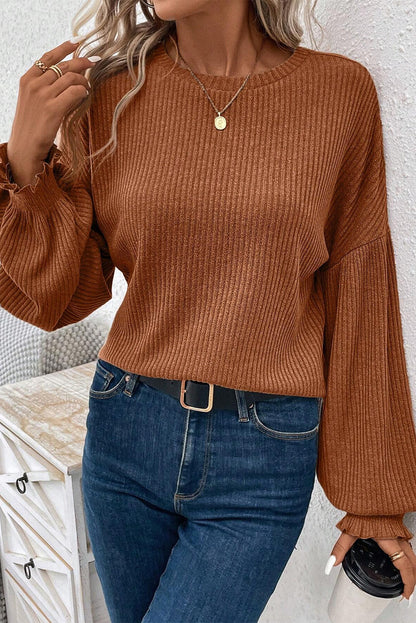 Ribbed Knit Drop Shoulder Ruffled Sleeve Textured Top | Chestnut