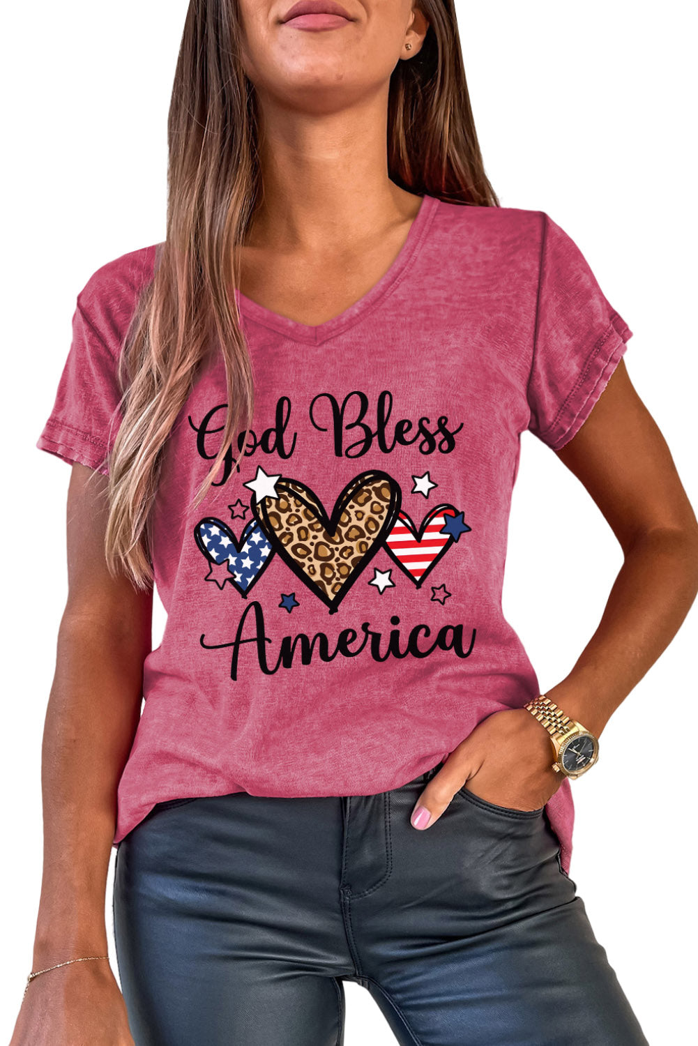 God Blessed America Hearts Graphic Mineral Wash Tee | Rose