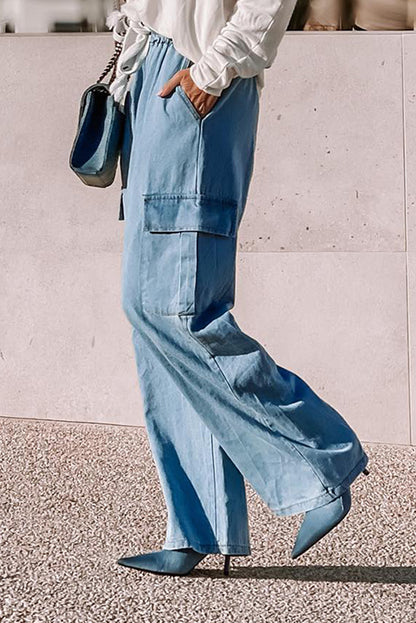 Drawstring High Waist Cargo Pocket Wide Leg Jeans | Sky Blue