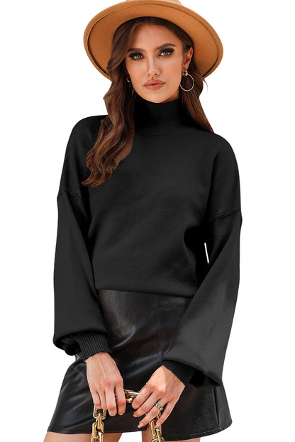 Turtleneck Drop Shoulder Bubble Sleeve Knit Sweater | Black