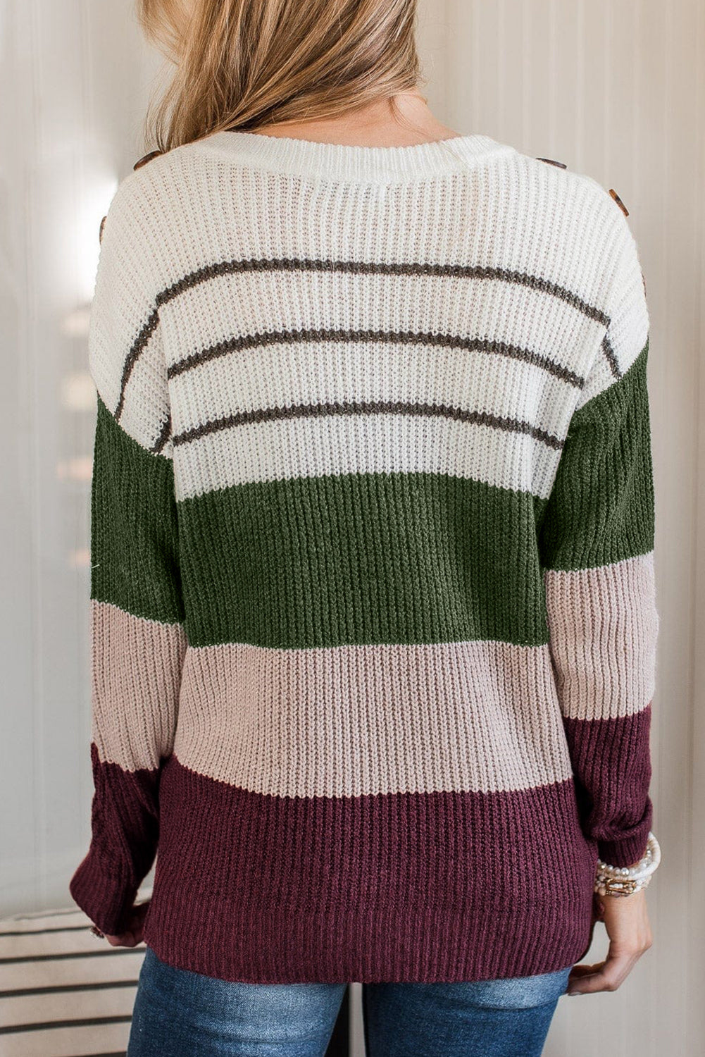 Colour Block Striped Buttoned Shoulder Split Sweater | Green