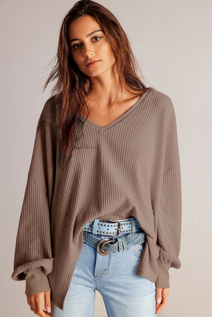 Waffle V Neck Long Sleeve Drop Shoulder Loose Blouse | Coffee