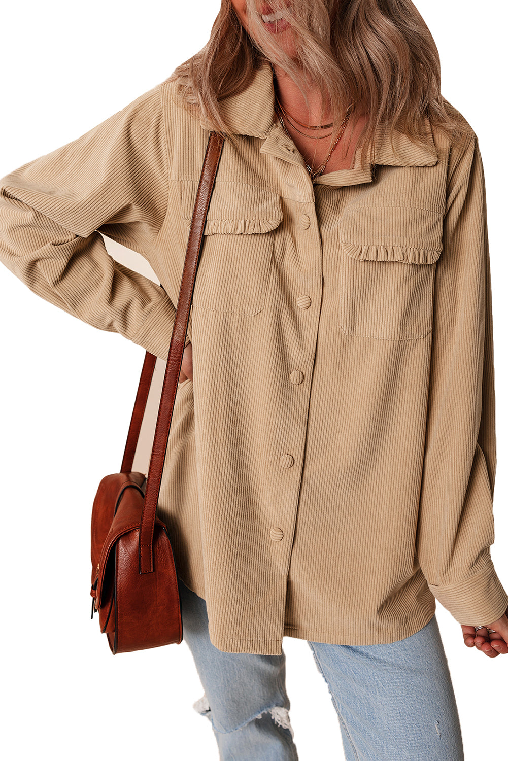 Solid Frilled Flap Pocket Button Up Corduroy Shacket | Light French Beige