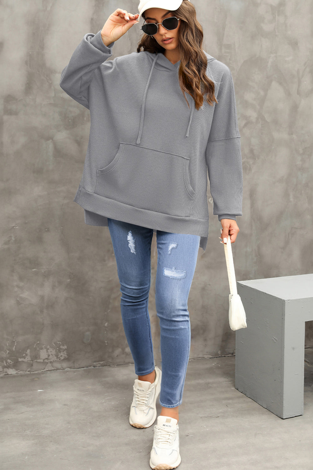 Waffle Knit Fleece Lined High Low Oversized Hoodie | Gray