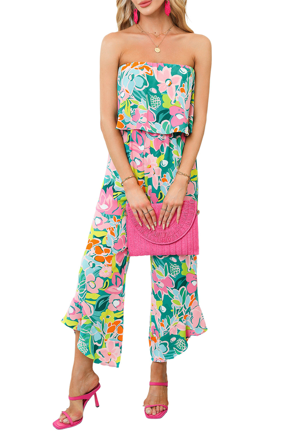 Mix Tropical Print Strapless Ruffled Jumpsuit | Green