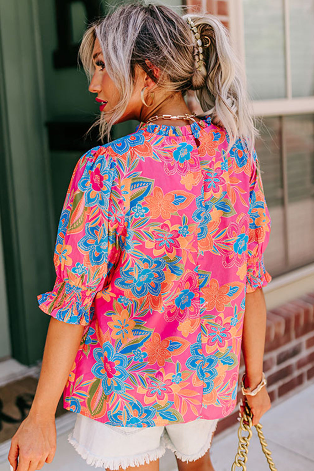 Frilly Mock Neck Short Puff Sleeve Floral Blouse | Rose