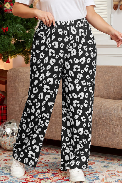 Print Wide Leg Pockets Plus Size Pants | Leopard