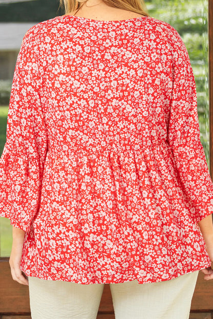 Plus Size Floral V Neck Flared Bracelet Sleeve Blouse | Red