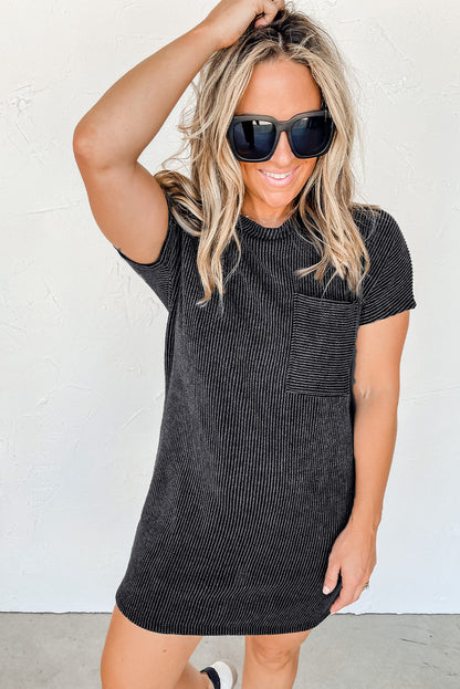 Striped Ribbed Knit T-Shirt Shift Dress | Gray