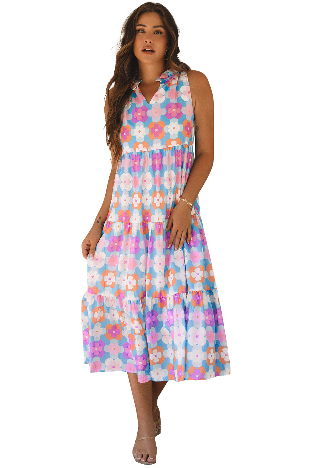 Floral Print Frilly Neck Sleeveless Tiered Maxi Dress | Sky Blue