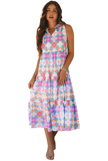 Floral Print Frilly Neck Sleeveless Tiered Maxi Dress | Sky Blue