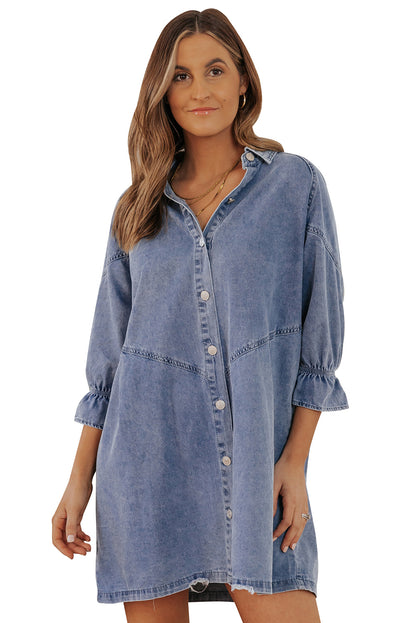 Buttoned Long Sleeve Denim Mini Dress | Sky Blue