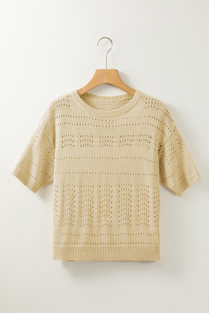 Knitted Hollow Out Short Sleeve Crop Sweater | Beige