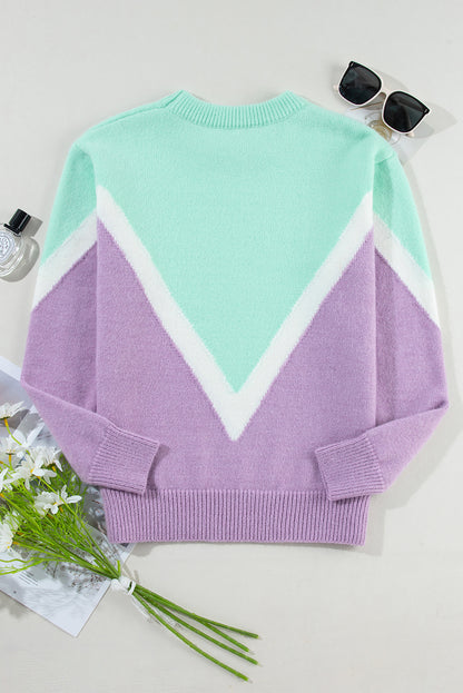 Chevron Colourblock Ribbed Knit Drop Shoulder Sweater | Green