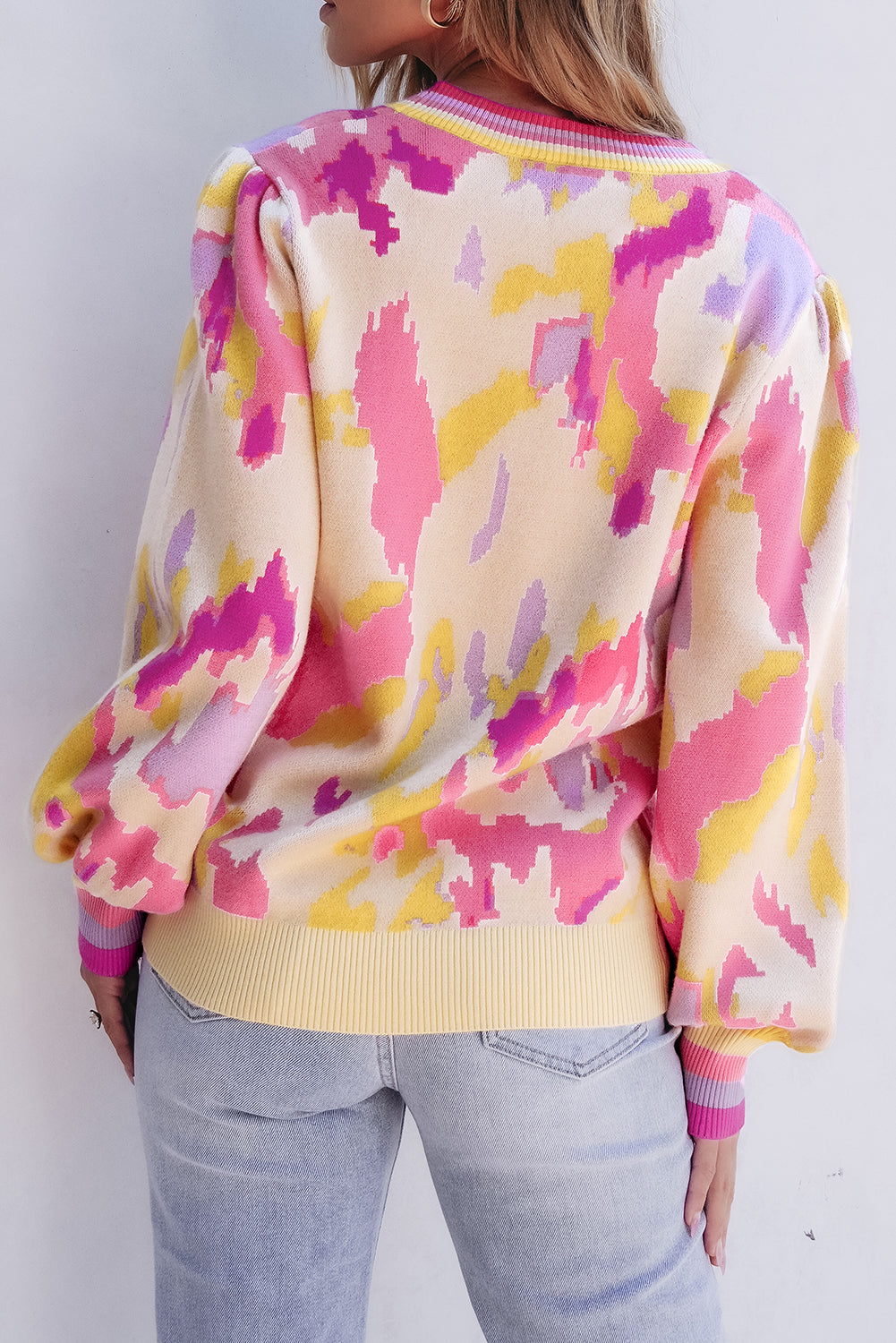 Abstract Print Colourblock Balloon Sleeve Sweater | Khaki