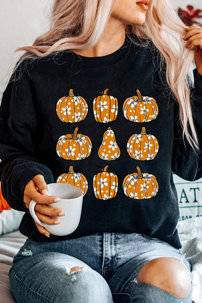 Floral Pumpkin Graphic Round Neck Halloween Sweatshirt | Black