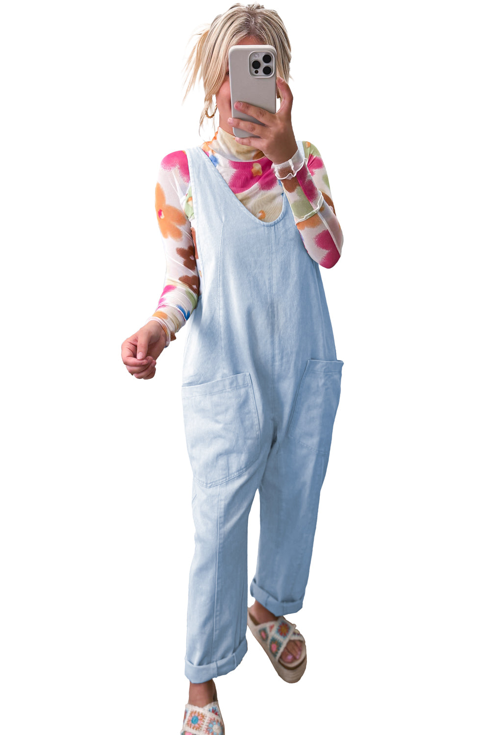 Adjustable Strap V Neck Pocketed Denim Overalls | Beau Blue