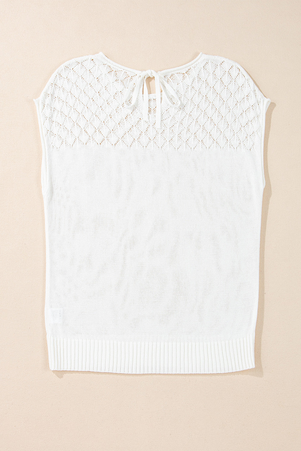 Eyelet Knit Tied Back Short Sleeve Sweater | White