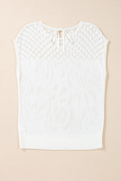 Eyelet Knit Tied Back Short Sleeve Sweater | White